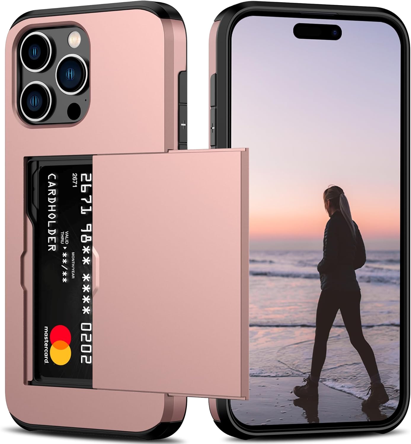 Compatible with Iphone 15 Pro Max Case with Card Holder Heavy Duty Protective Dual Layer Shockproof Hidden Card Slot Slim Wallet Phone Cover for Women&Men 6.7 Inch(Black)